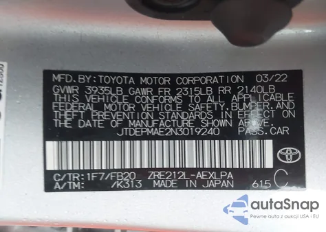 2022 Toyota Corolla Le z USA, uszkodzony, nr VIN JTDEPMAE2N3019240